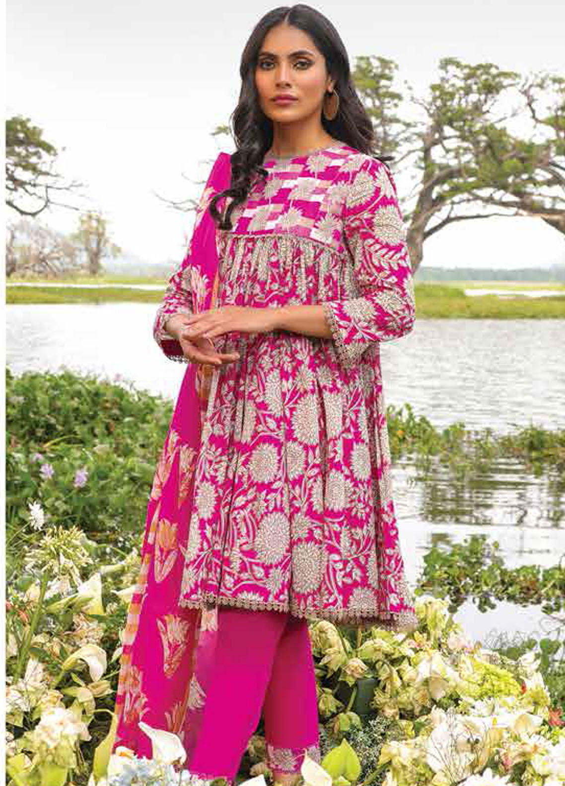 Al Karam Printed Lawn Suits Unstitched 3 Piece AK23SSL SS-21-23-Fuchsia - Summer Collection