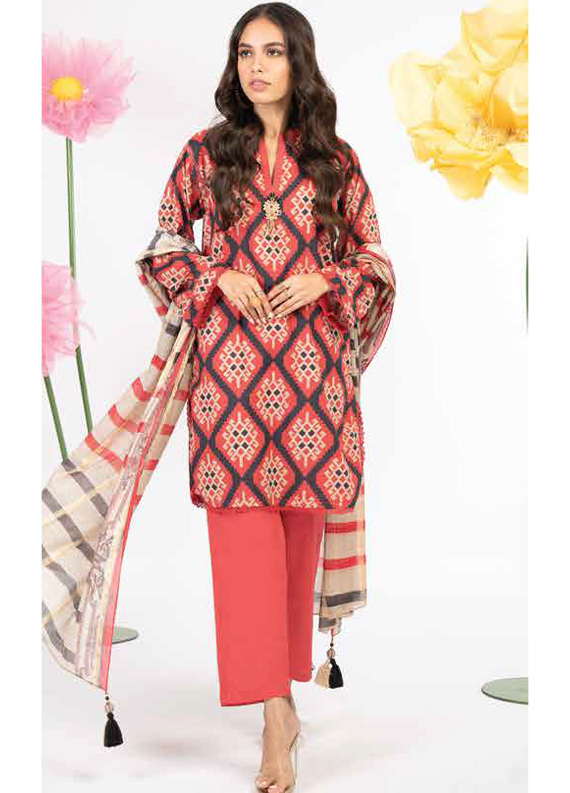 Al Karam Printed Lawn Suits Unstitched 2 Piece AK23SSL SS-53-23-Red - Summer Collection