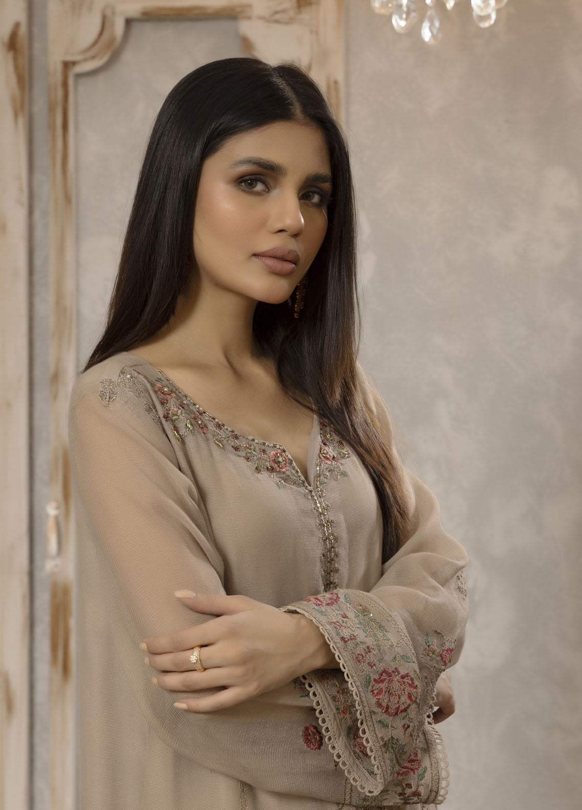 Dhanak Luxury Pret Khaadi Net Shirt DA-1663 BEIGE