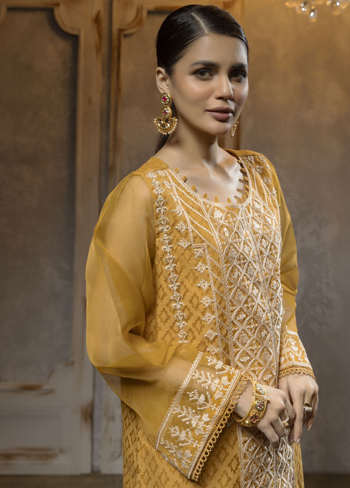 Dhanak Luxury Pret Organza Shirt DA-1656 MUSTARD