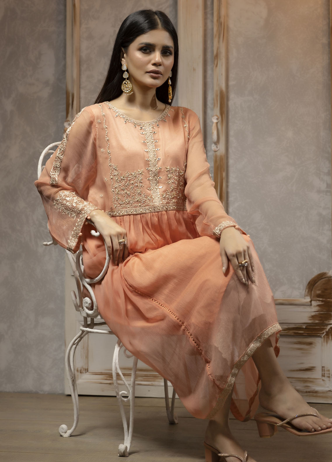 Dhanak Luxury Pret Chiffon Shirt DA-1714 PEACH