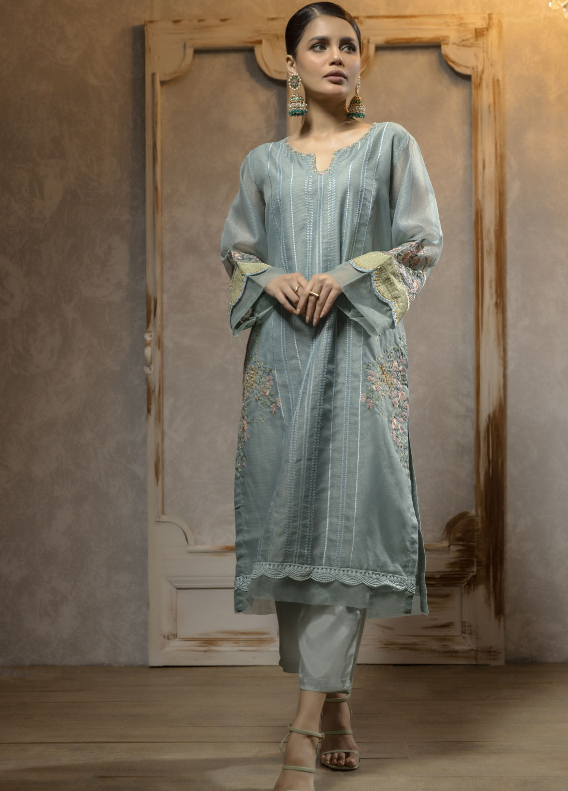 Dhanak Luxury Pret Organza Shirt DA-1668 SKY BLUE