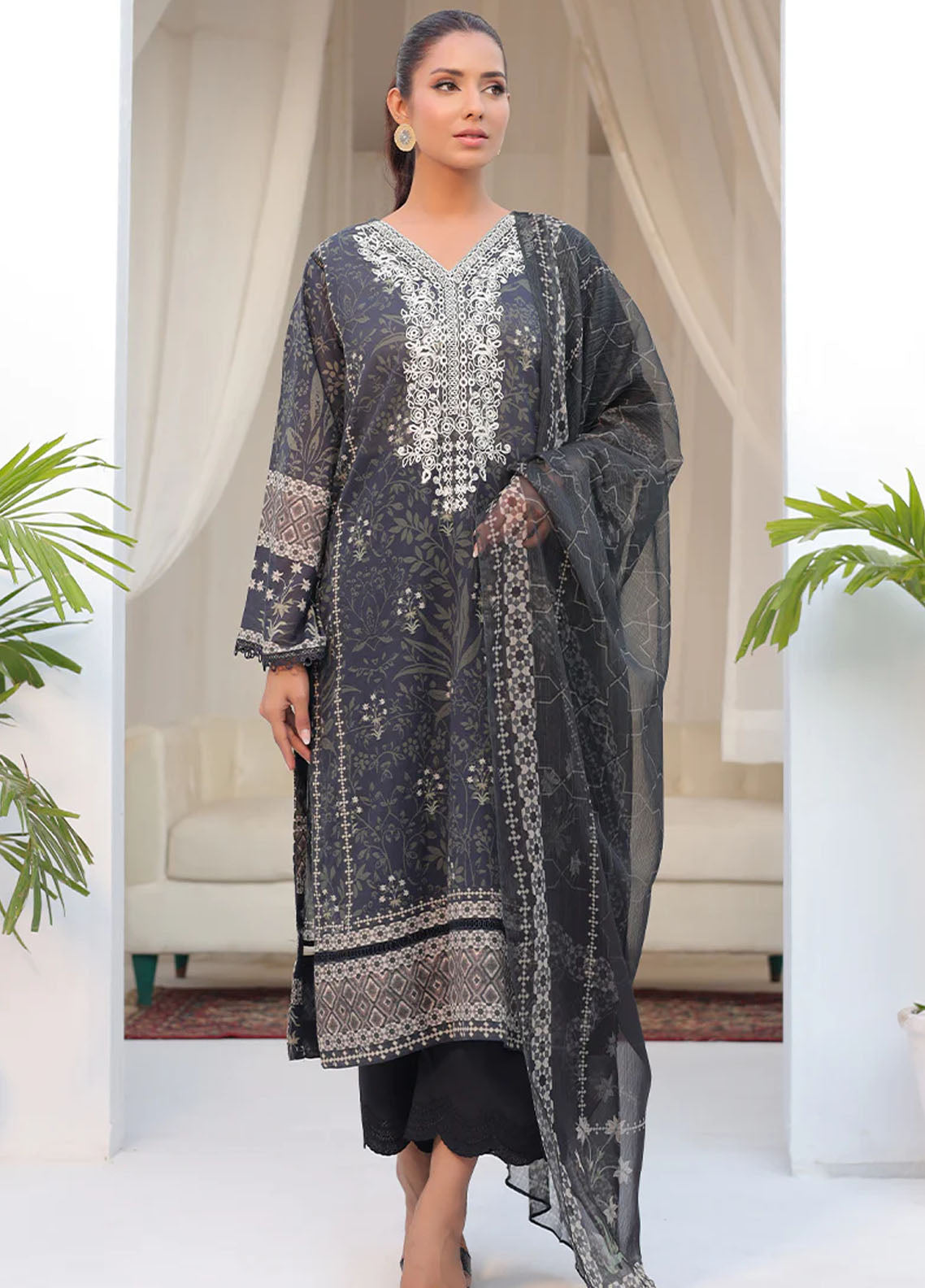 Dhanak Casual Pret Embroidered Lawn 2 Piece Dress DC-2146 BLACK