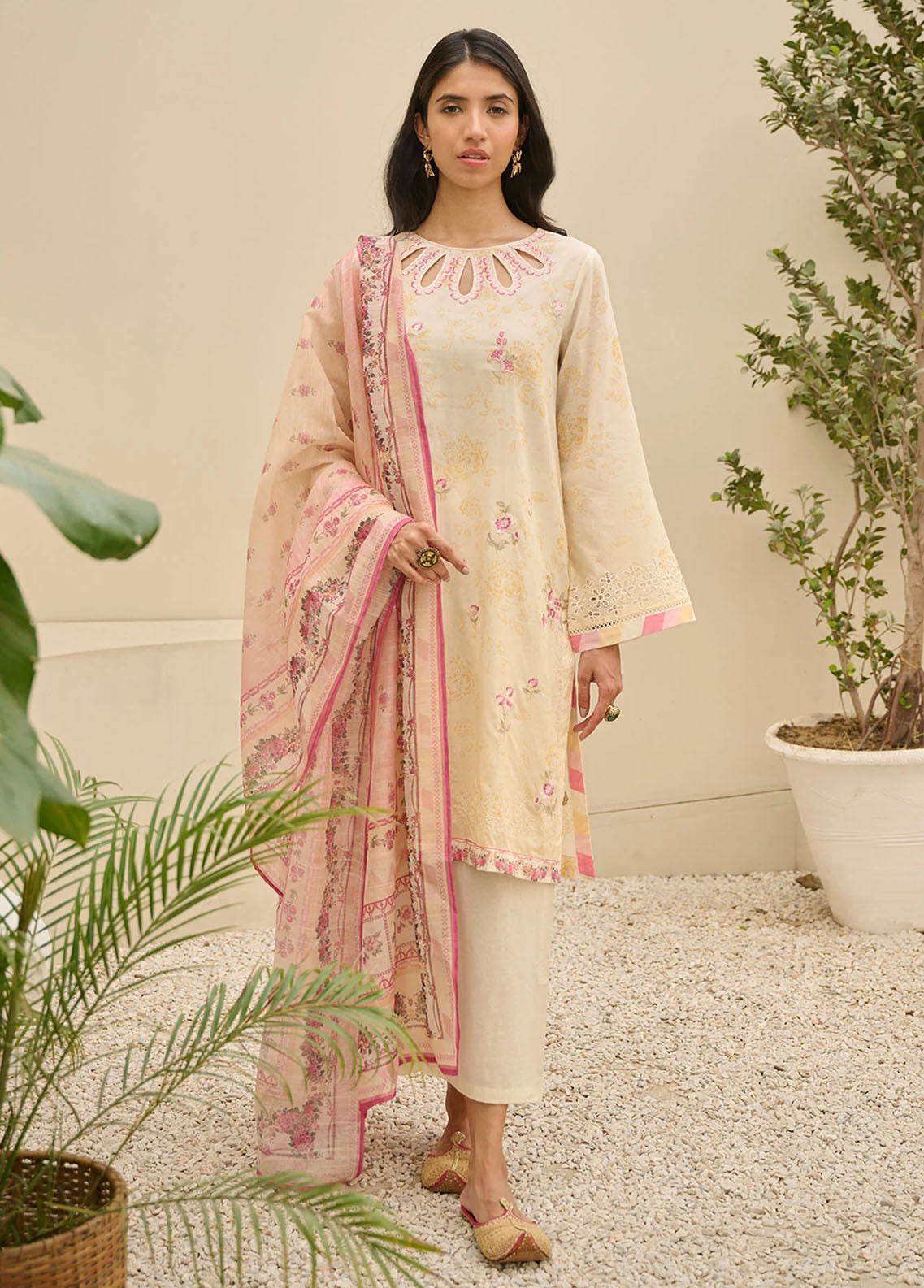 Dhanak Summer Basics Unstitched Collection 2023 DU-3145 CREAM-YELLOW