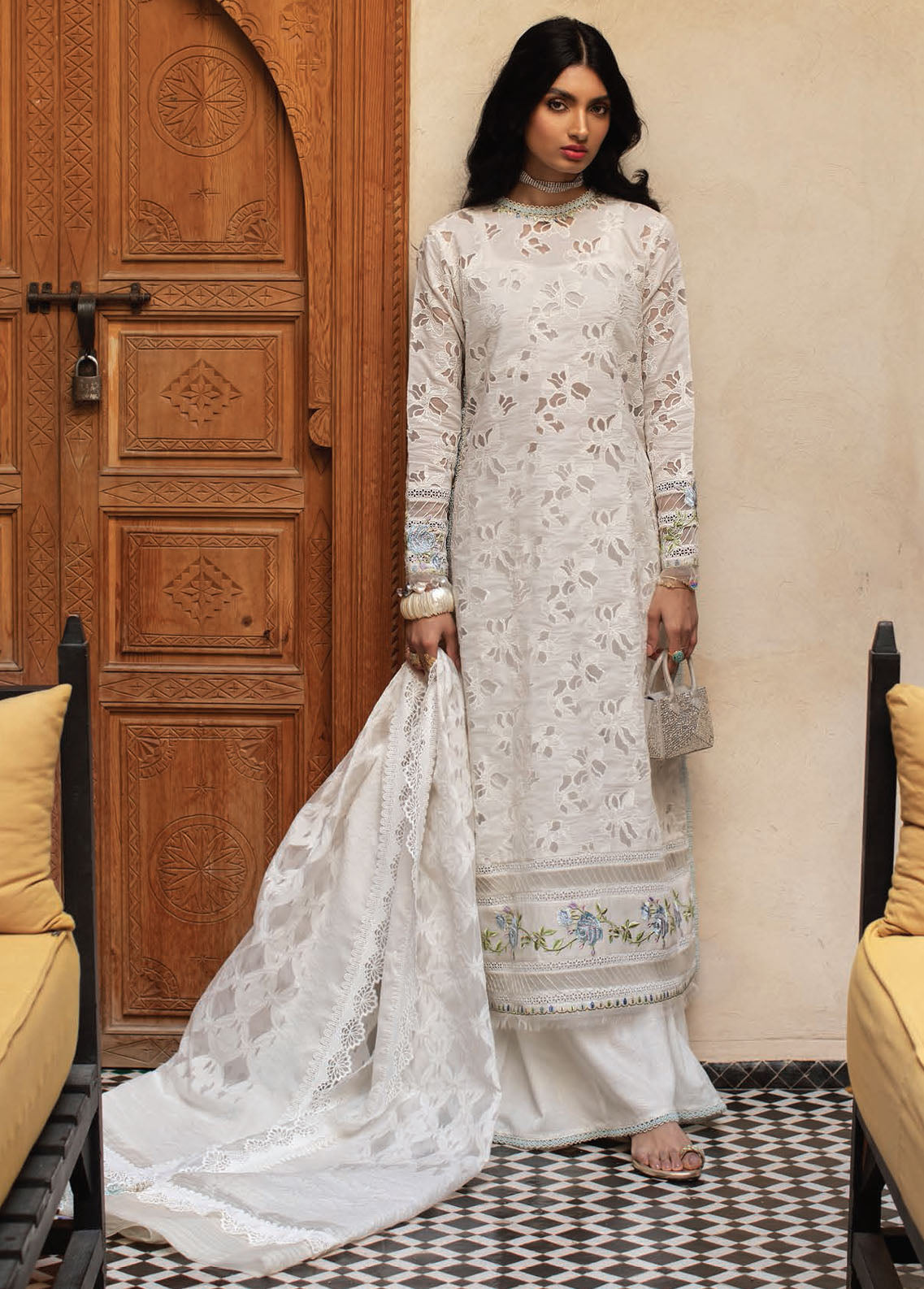 Farah Talib Aziz Kesh Luxury Lawn Unstitched Collection 2023 FTA-06 Ourika Ivory