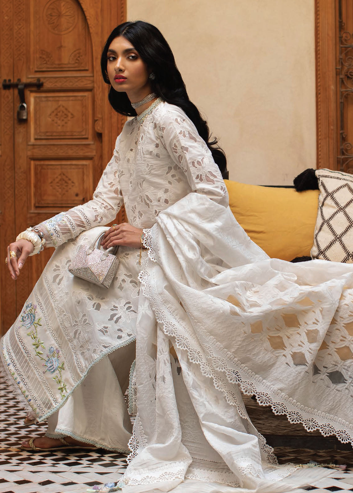 Farah Talib Aziz Kesh Luxury Lawn Unstitched Collection 2023 FTA-06 Ourika Ivory