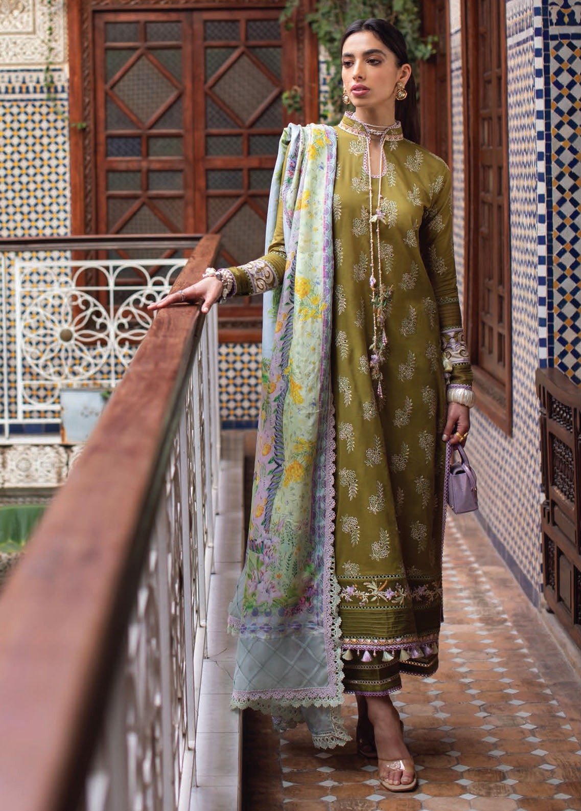 Farah Talib Aziz Kesh Luxury Lawn Unstitched Collection 2023 FTA-09 Asni Olive