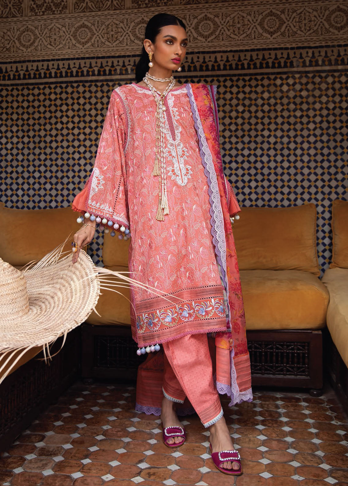 Farah Talib Aziz Kesh Luxury Lawn Unstitched Collection 2023 FTA-15 Villa Coral