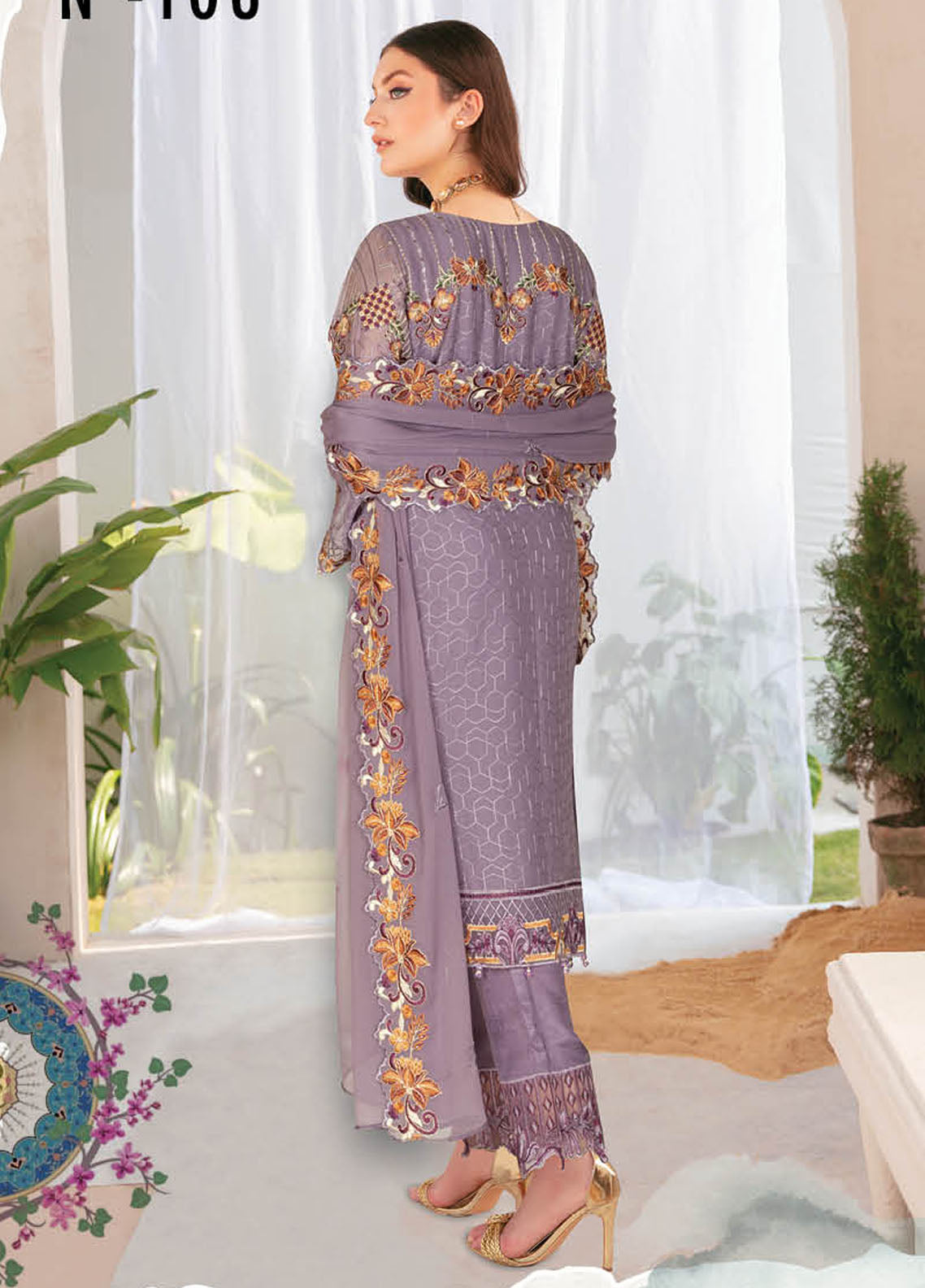 Nayab By Ramsha Embroidered Chiffon Suits Unstitched 3 Piece RSH23N N-108 - Festive Collection