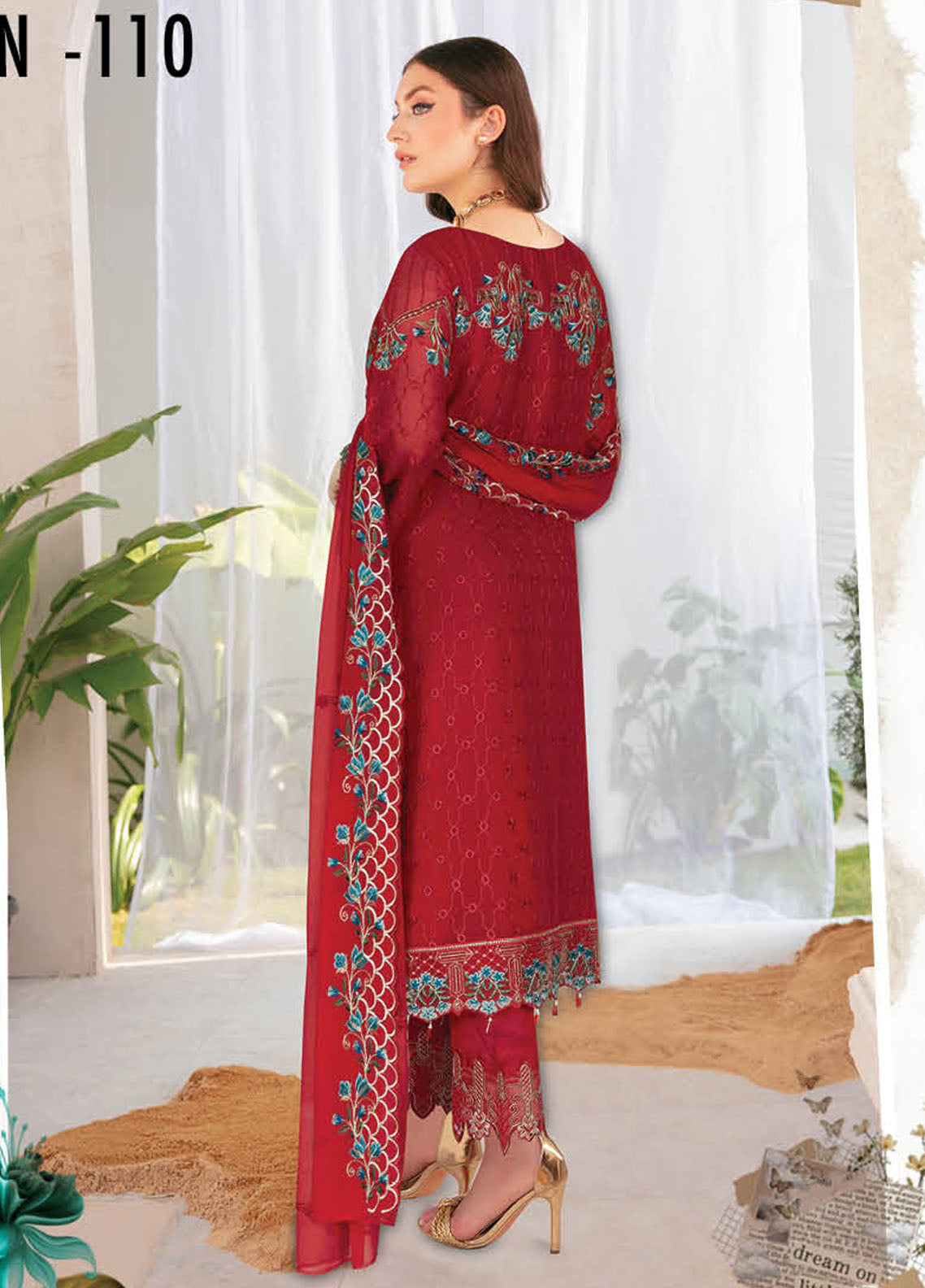 Nayab By Ramsha Embroidered Chiffon Suits Unstitched 3 Piece RSH23N N-110 - Festive Collection